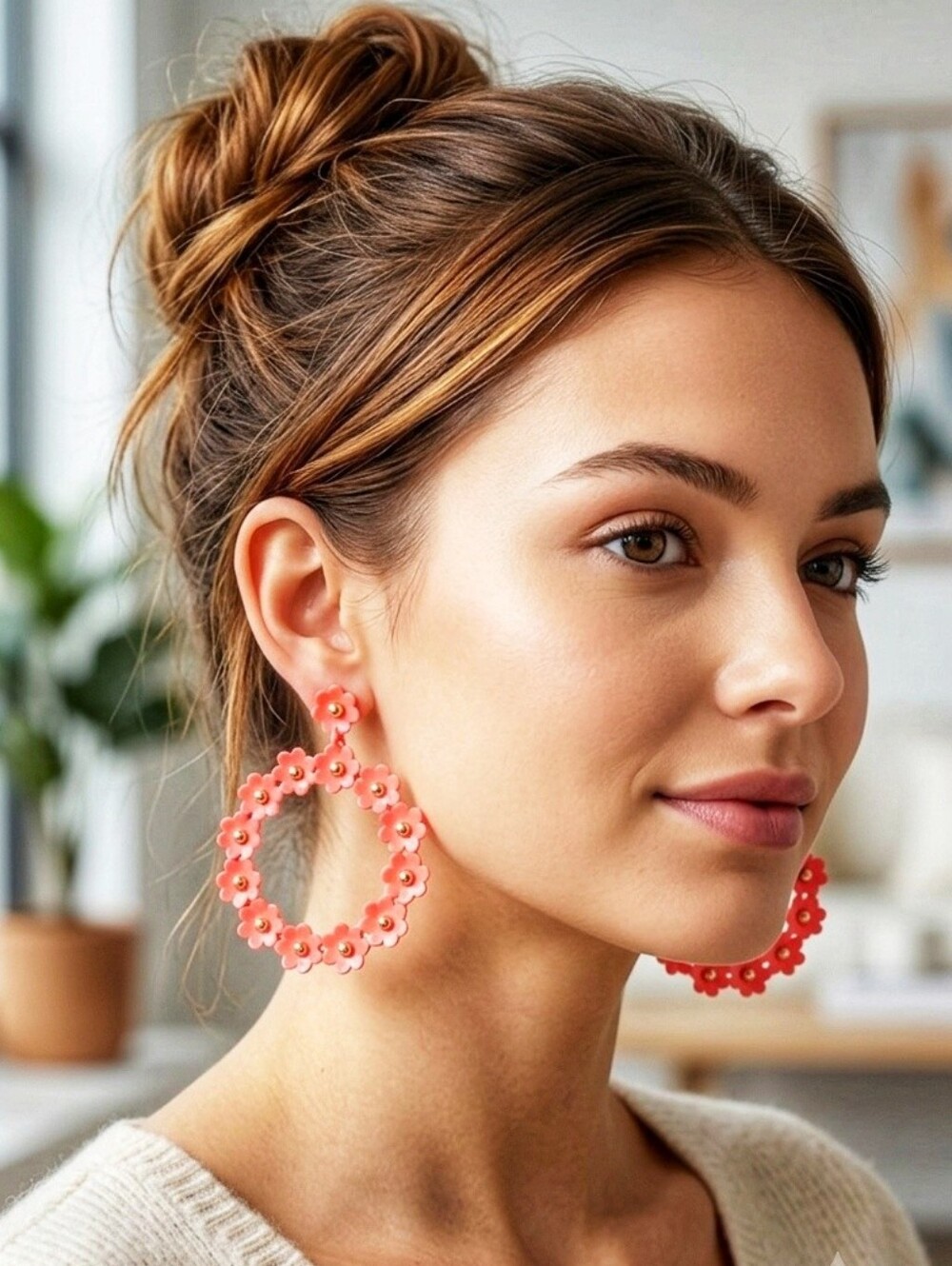 Coral  Flower Hoop Earrings - Stylish Floral Drop Earrings